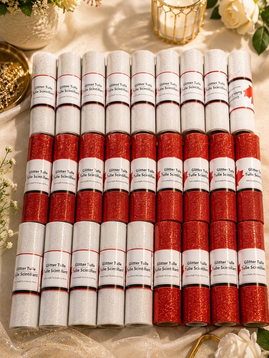 Other - Glitter Tulle Rolls - Red & White Sparkle 36 Rolls Bundle